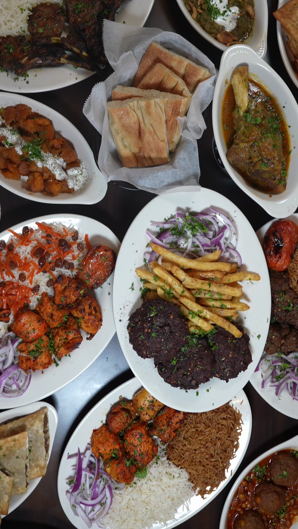 Rumi chapli kabob patties with fries and onions